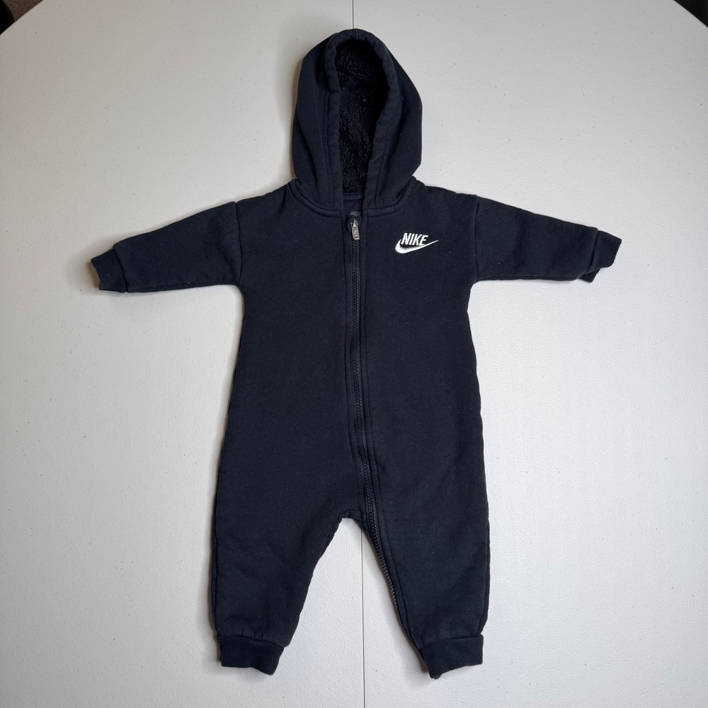 Nike Baby Hooded Sherpa Lined Fleece Romper Black 9M 633716263959